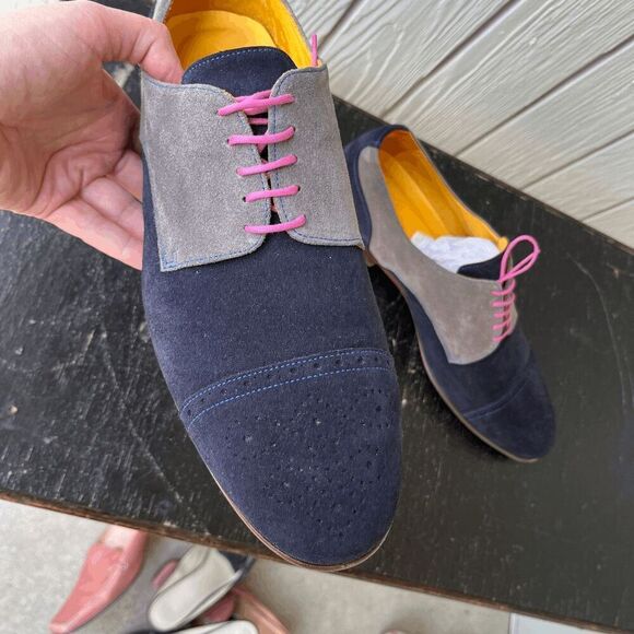 Undandy Navy Gray Suede Derby Shoes Sz 45/11.5 Pink Laces Yellow Lining - Picture 7 of 14